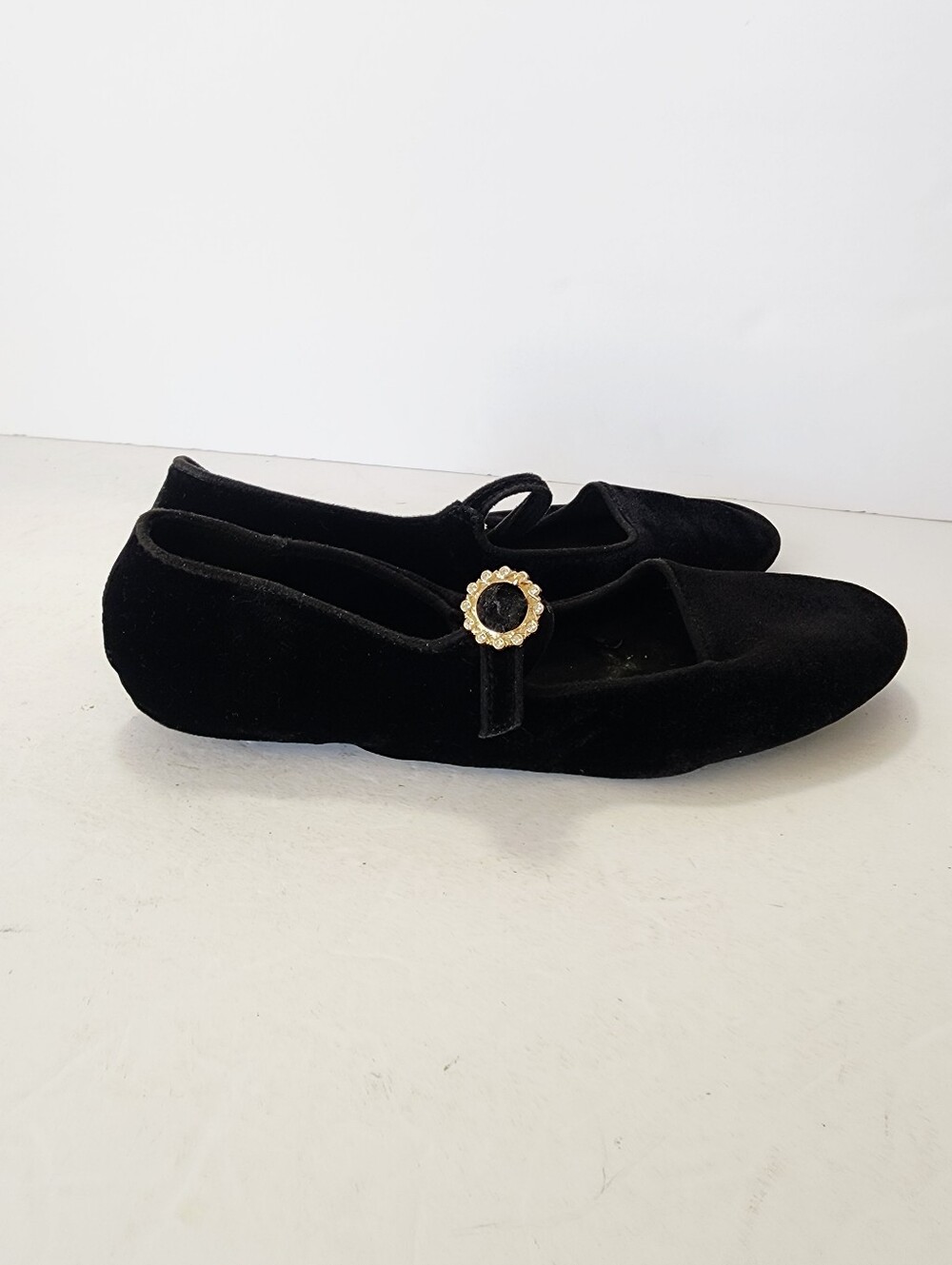 Zara Black Velvet Mary Jane Flats with Decorative Gold-Tone Buckle - Picture 5 of 9